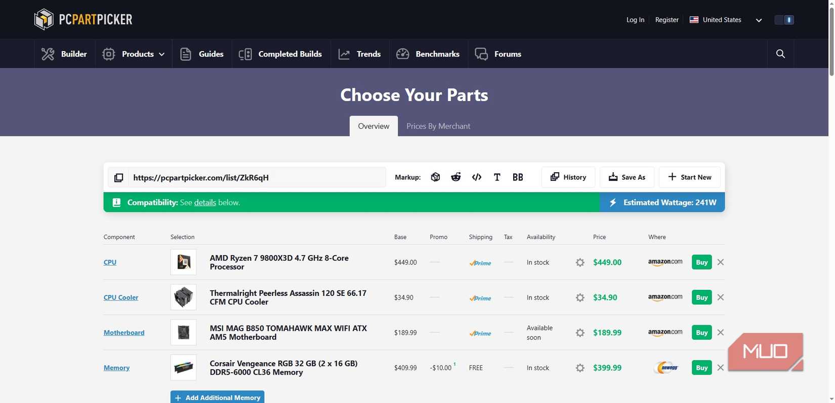 pc part picker list of parts.