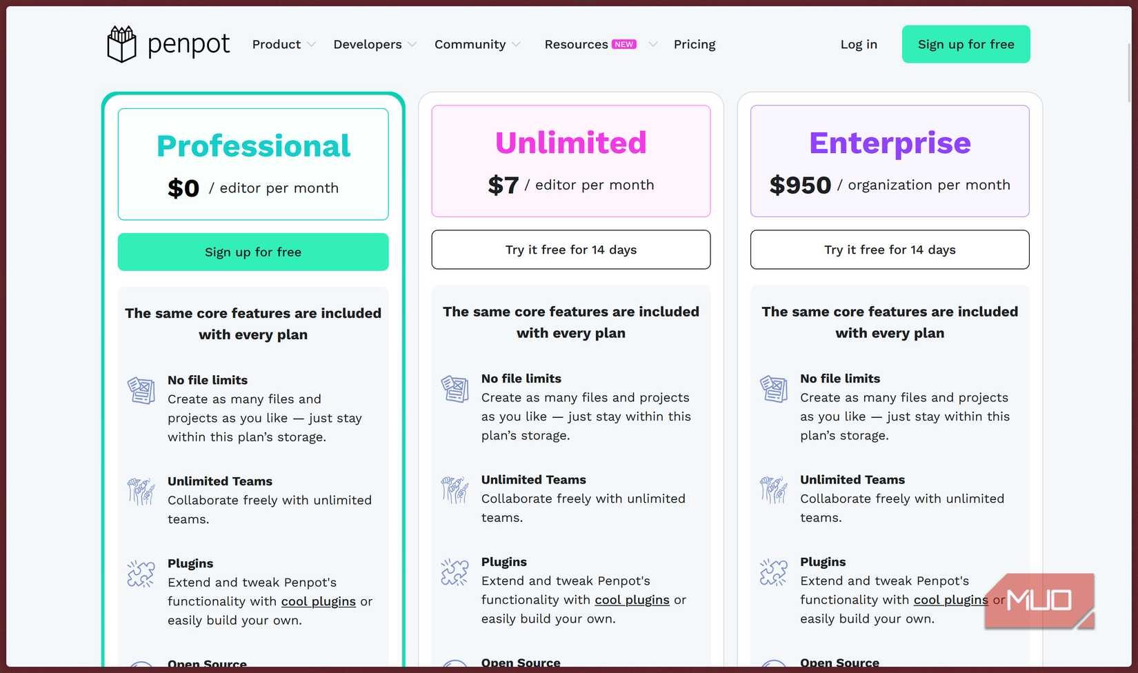 Penpot pricing plans on official website.