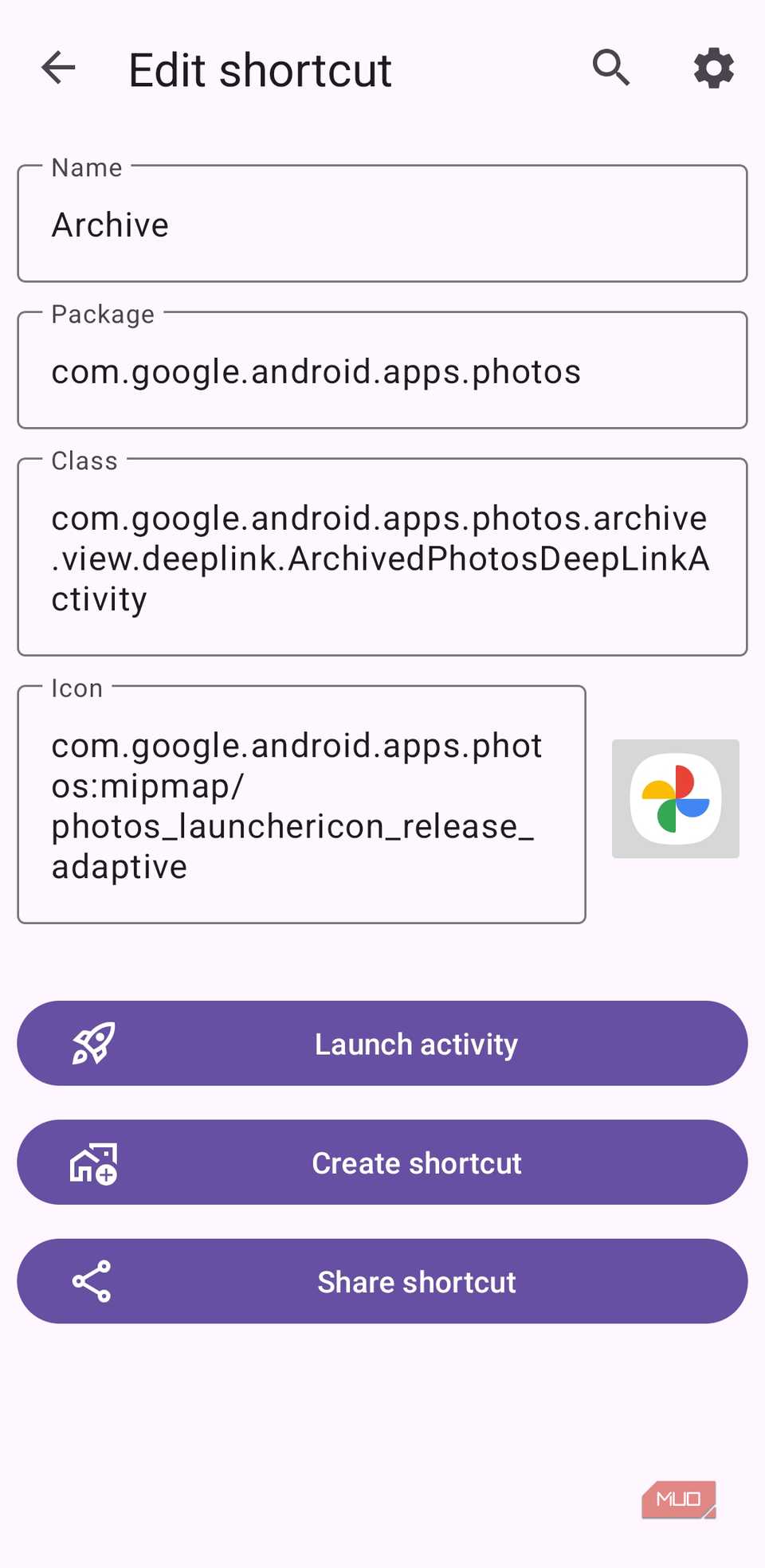 Photos app shortcut in Activity Launcher