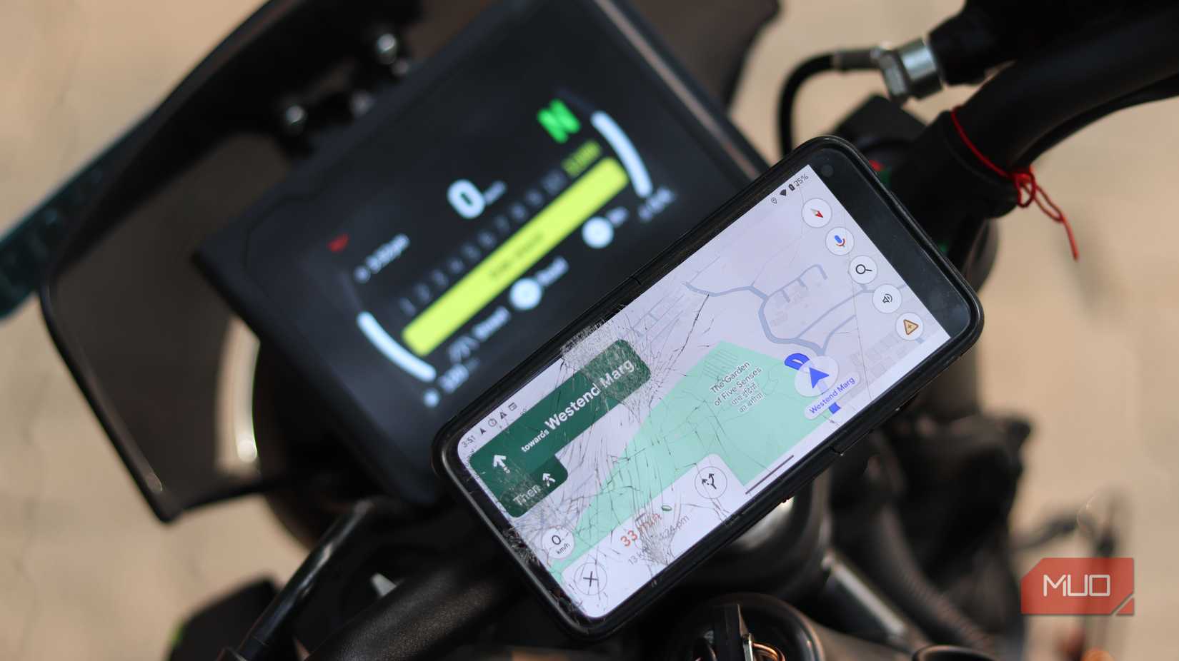 Pixel 4a being used as a navigation device on bike.