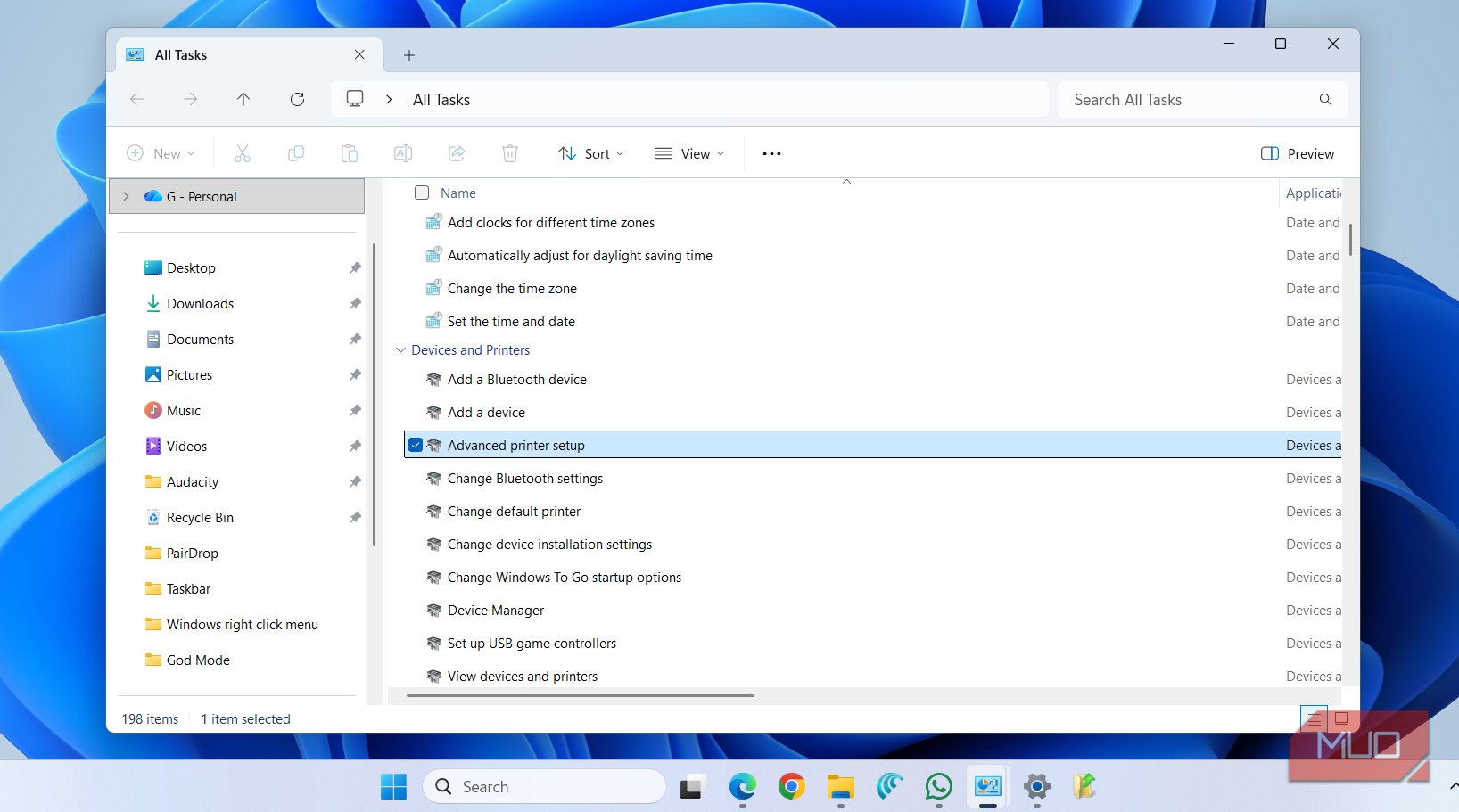 Printer settings in God Mode