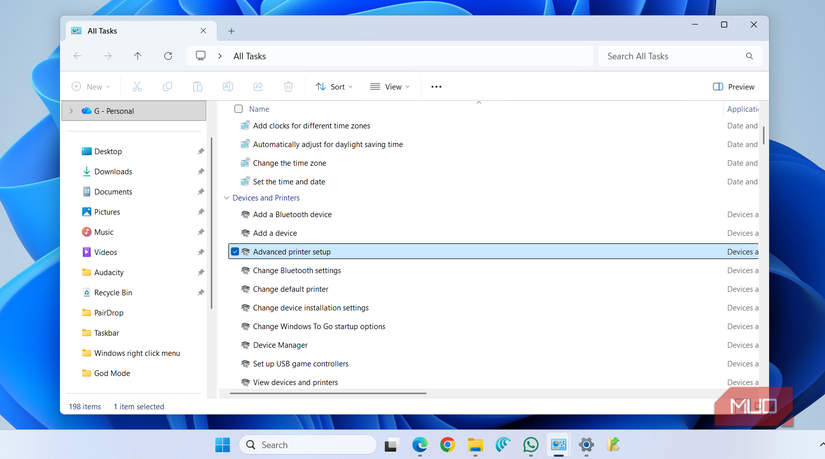 Printer settings in God Mode