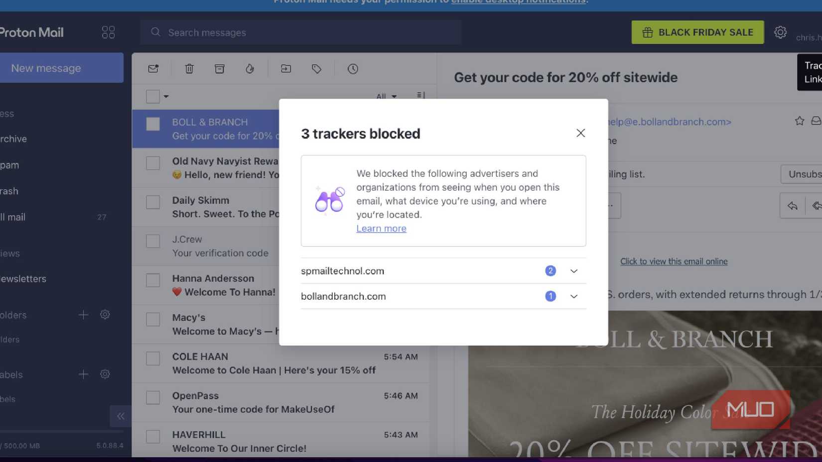 A look at the trackers blocked by Proton Mail