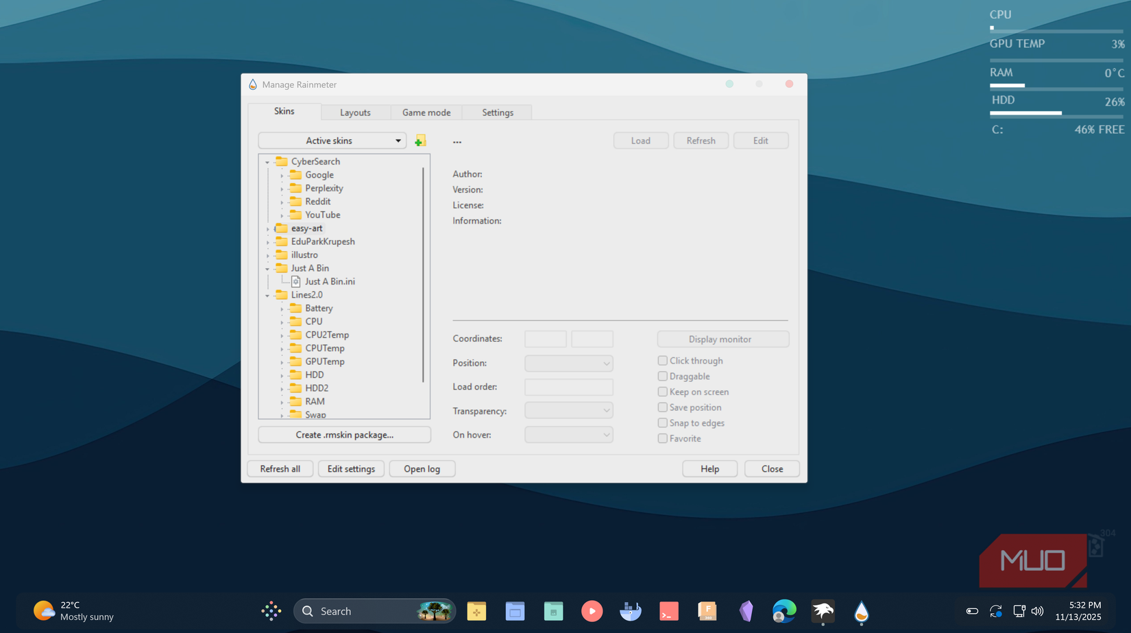 Loaded Rainmeter utility skins
