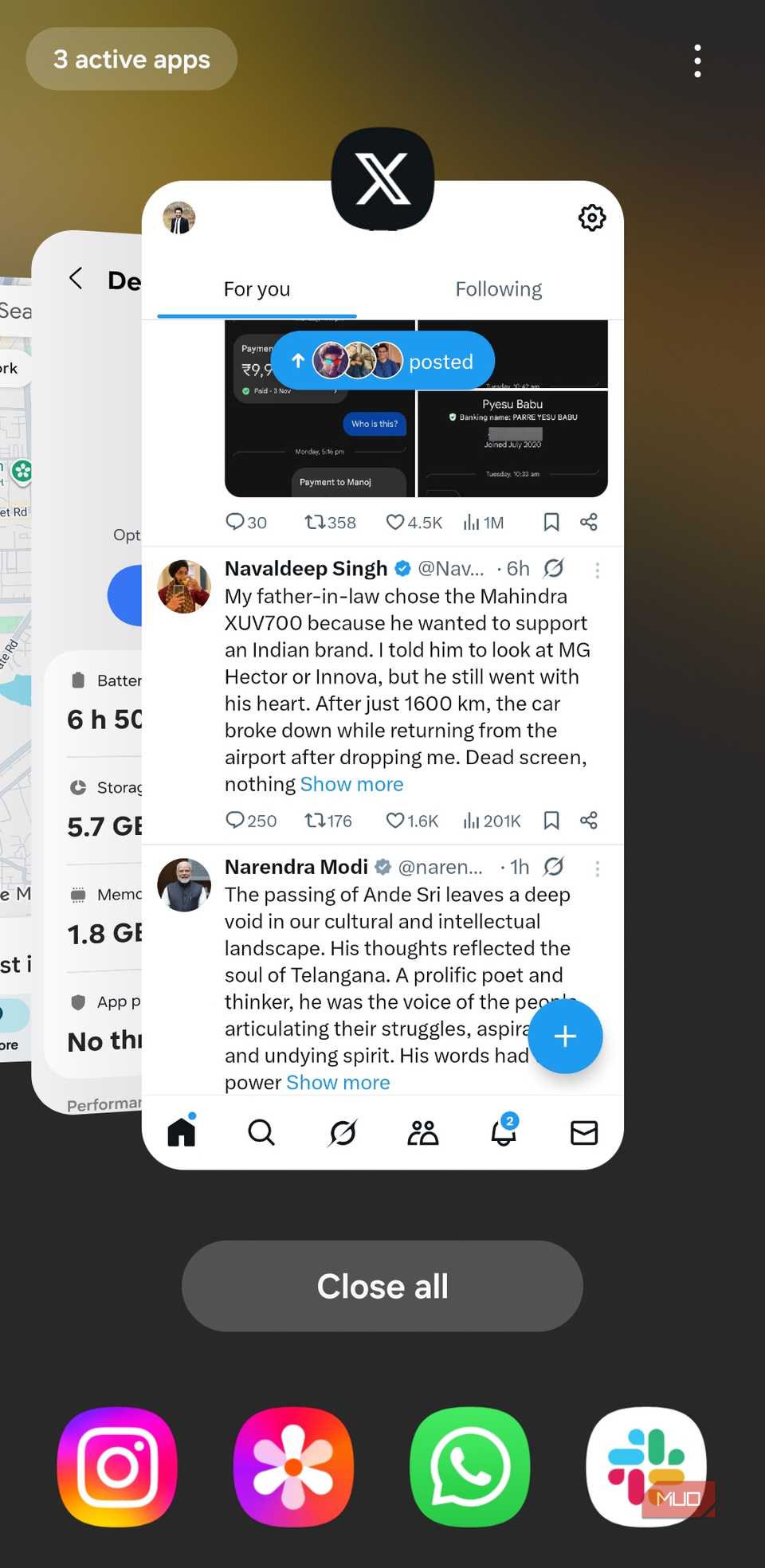 Recent apps menu on Android
