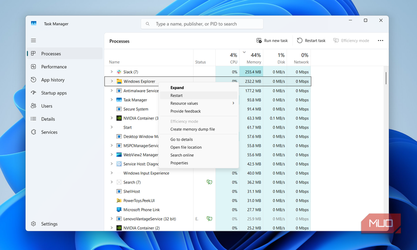 Restart Windows Explorer option