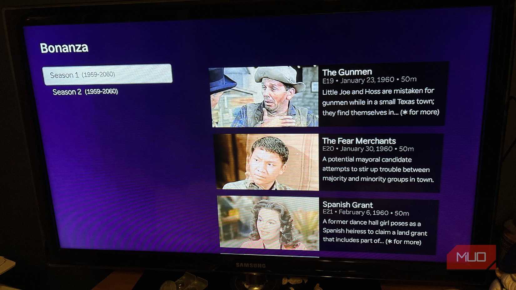 The list of seasons available for a show on The Roku Channel