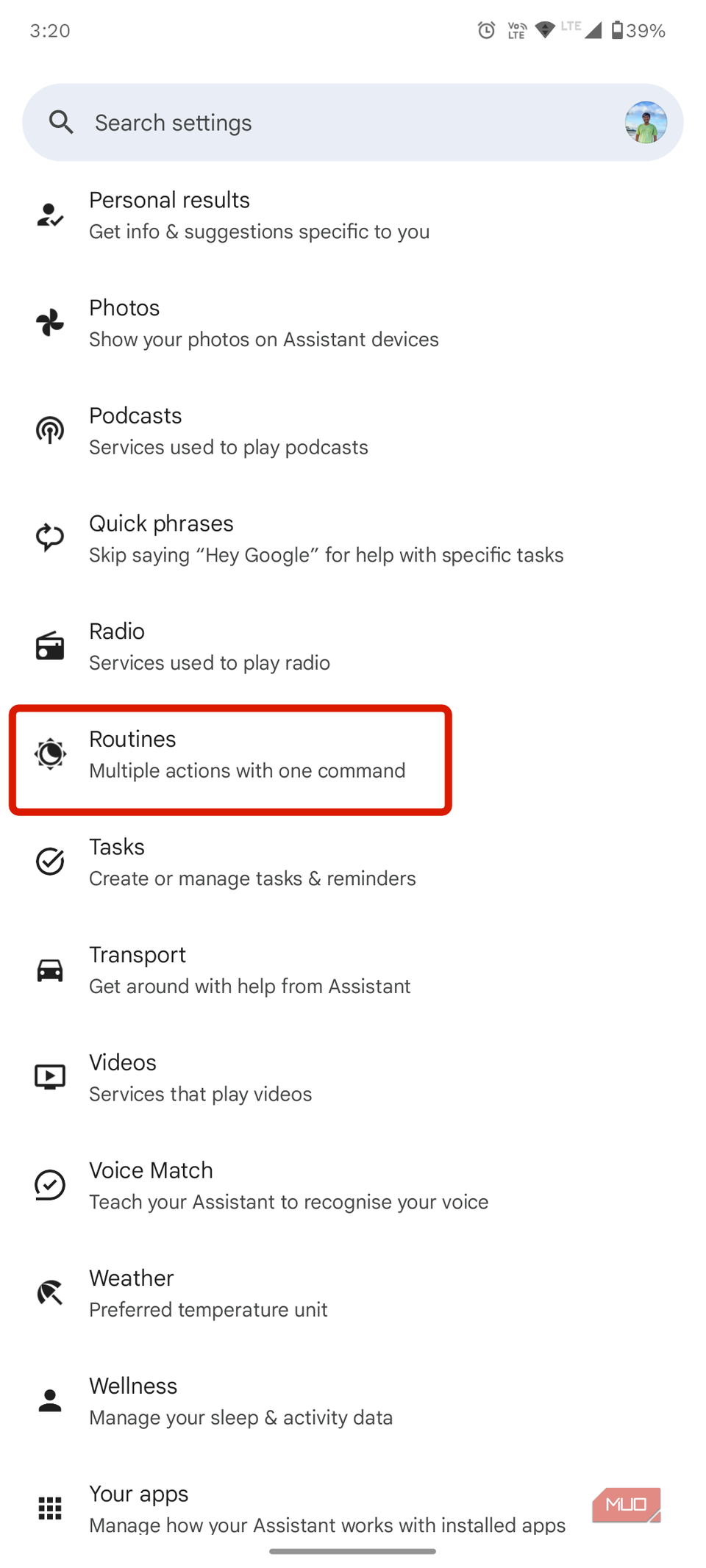 Routine settings within Google Assistant settings.