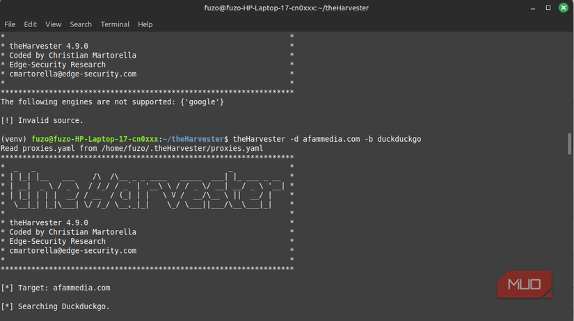 Running a scan for a personal domain with theHarvester