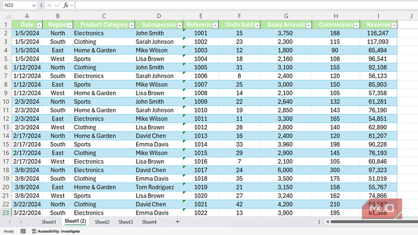 Sales spreadsheet in Excel showing the data formatted in a table.