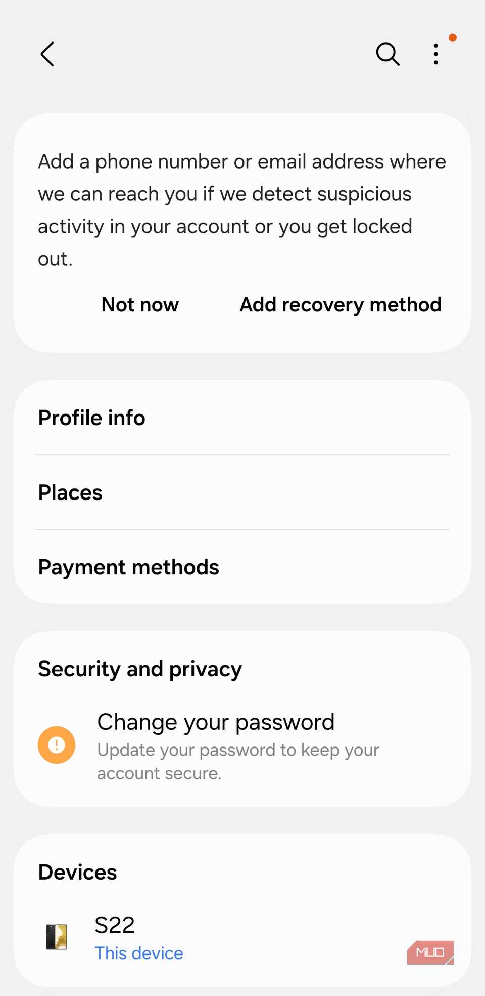 Samsung account menu on Galaxy phone