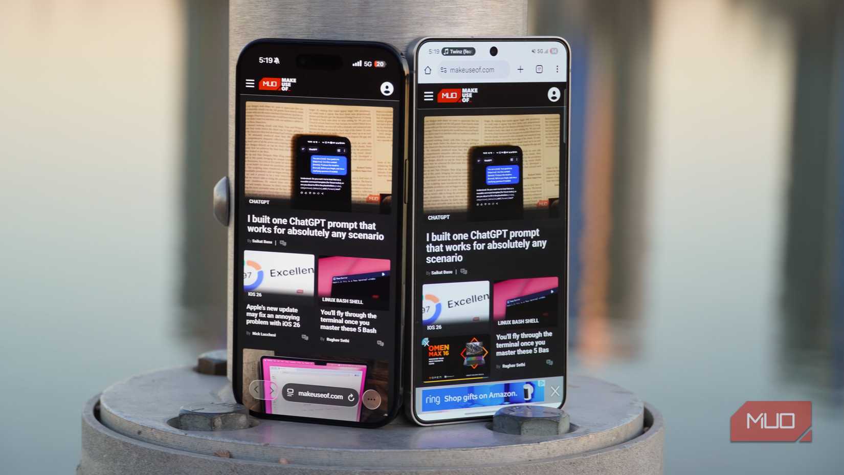 The MUO homepage on the iPhone Air (left) and Galaxy S25 Edge (right).