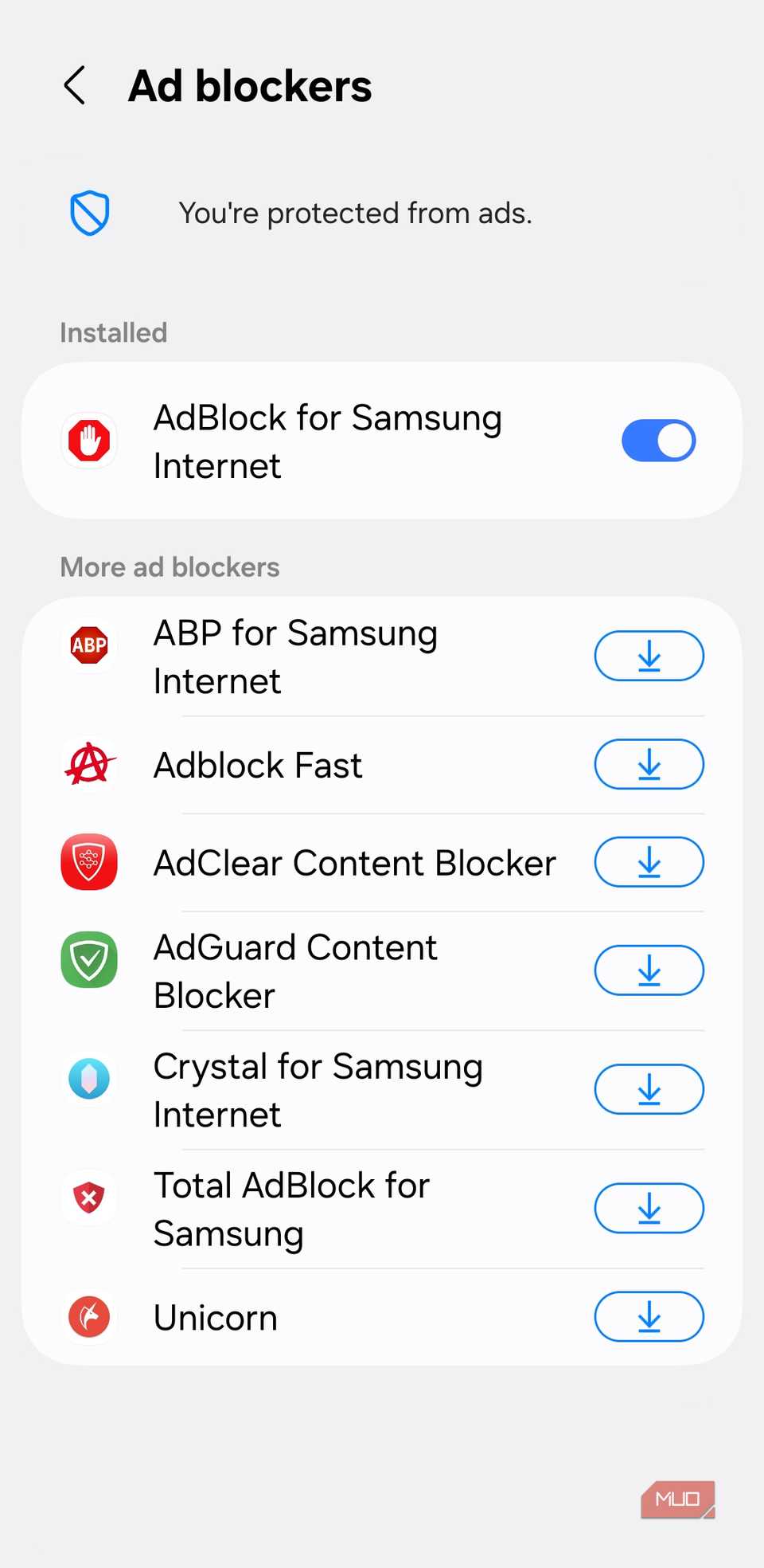 Samsung Internet browser ad blockers menu on Galaxy phone