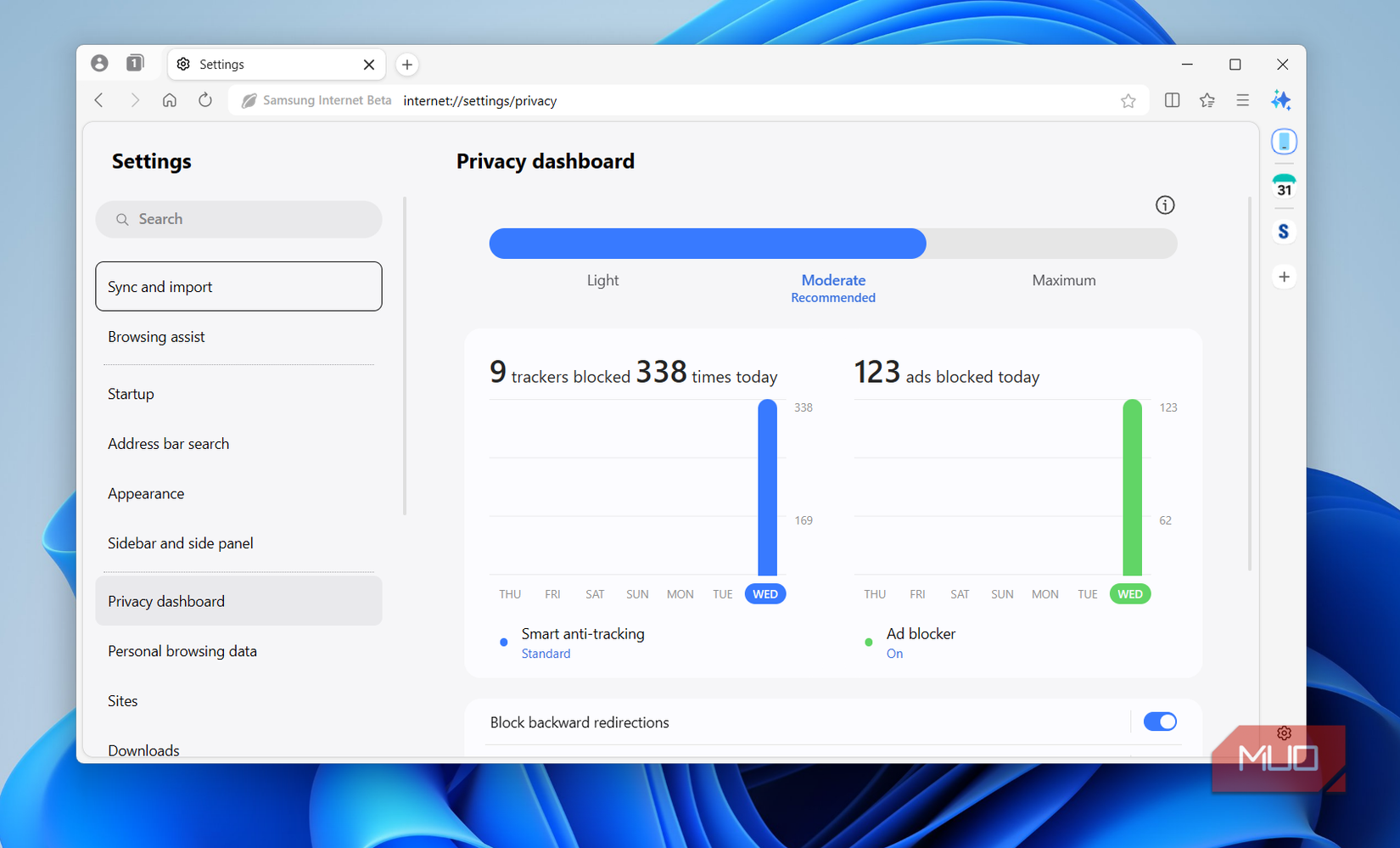 Menú del panel de privacidad de Internet de Samsung