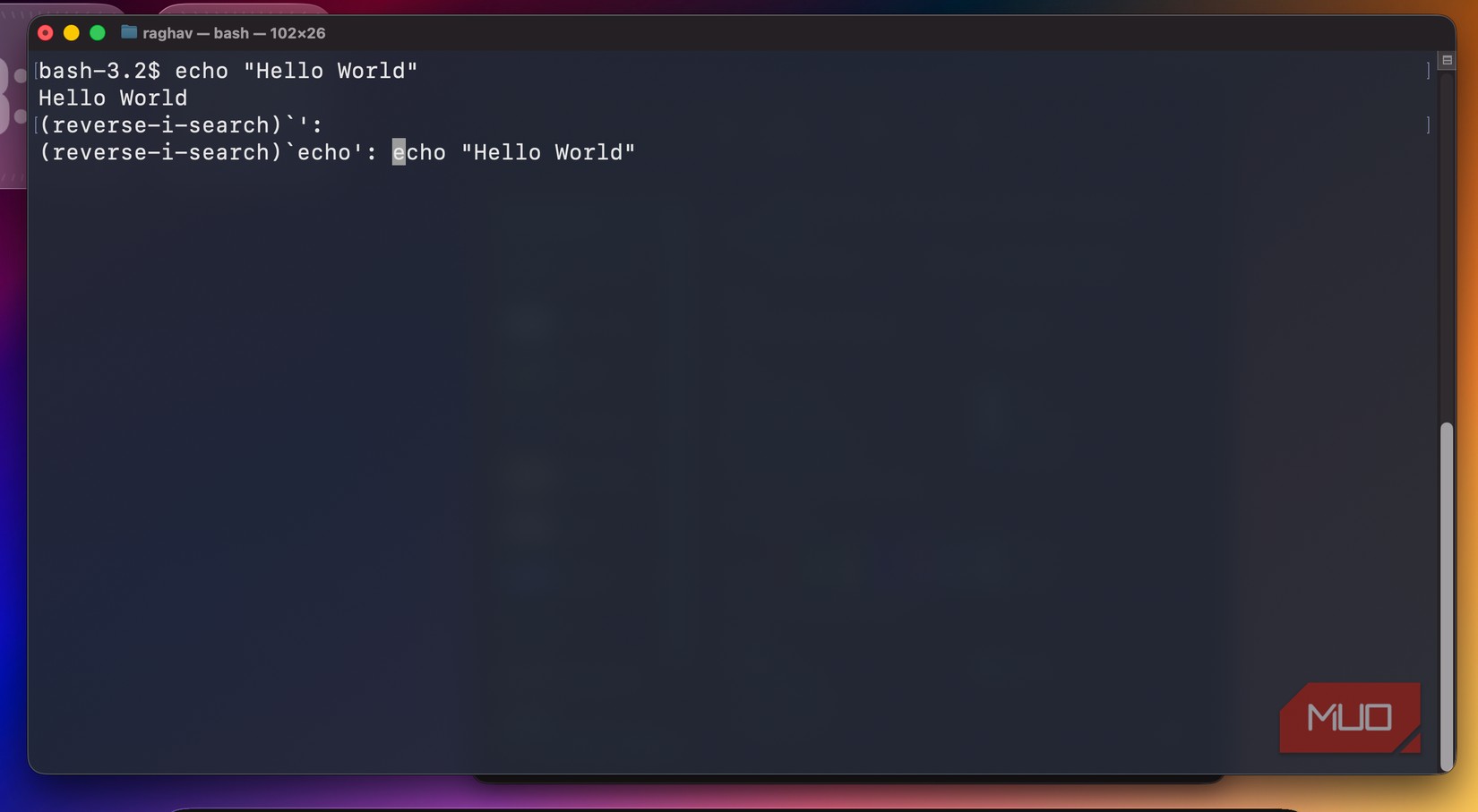 Bash terminal window searching for a previously entered command