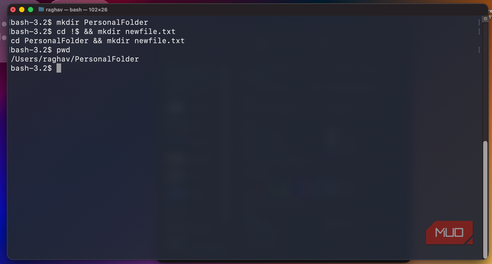 Bash terminal window navigating to a directory via the !$ shortcut