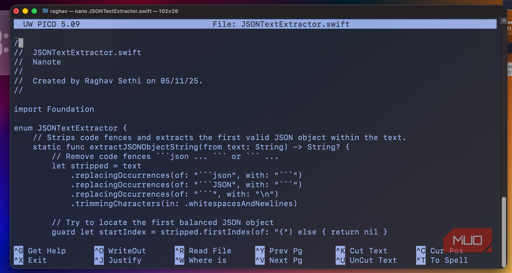 Bash terminal window with a file open in Nano