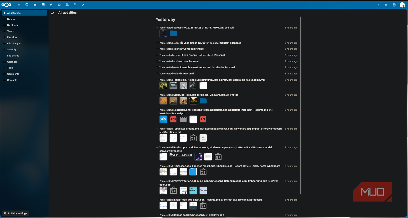 Nextcloud activity menu