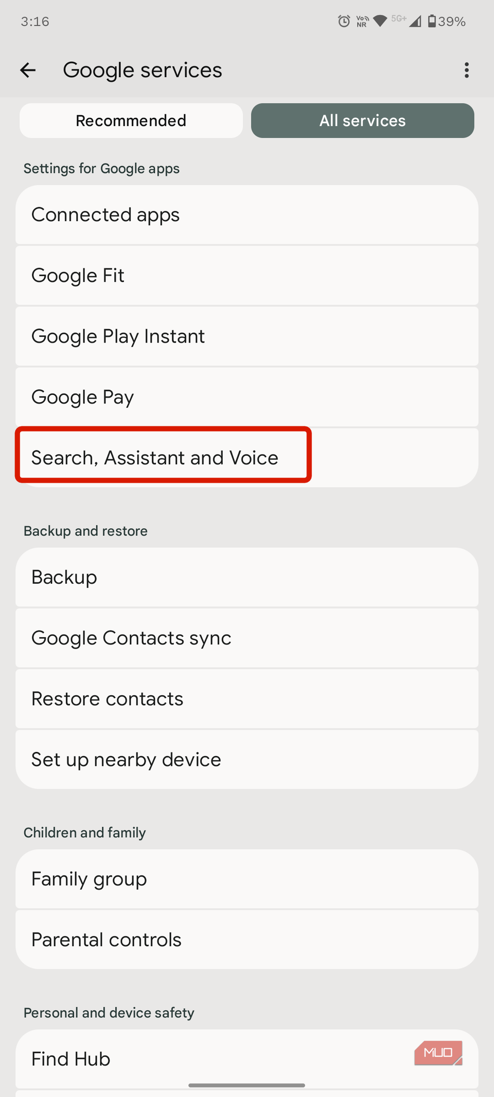 Search, Assistant and Voice settings within Google settings.