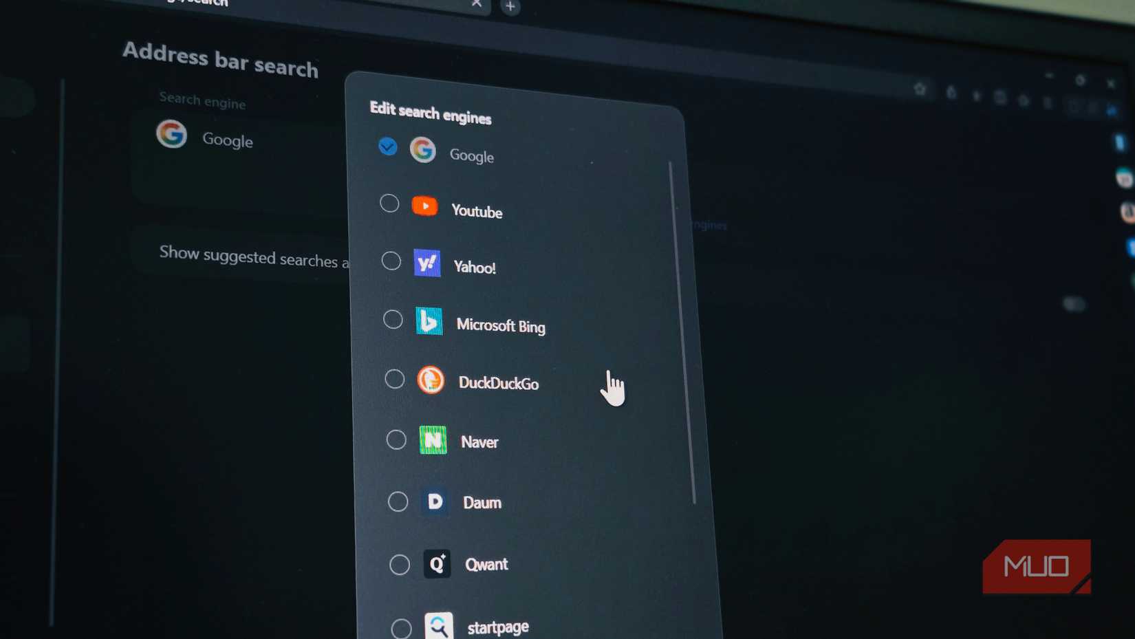 Search engine options on Samsung Galaxy Internet browser