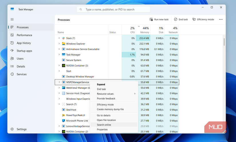 Search onliner option in Task Manager