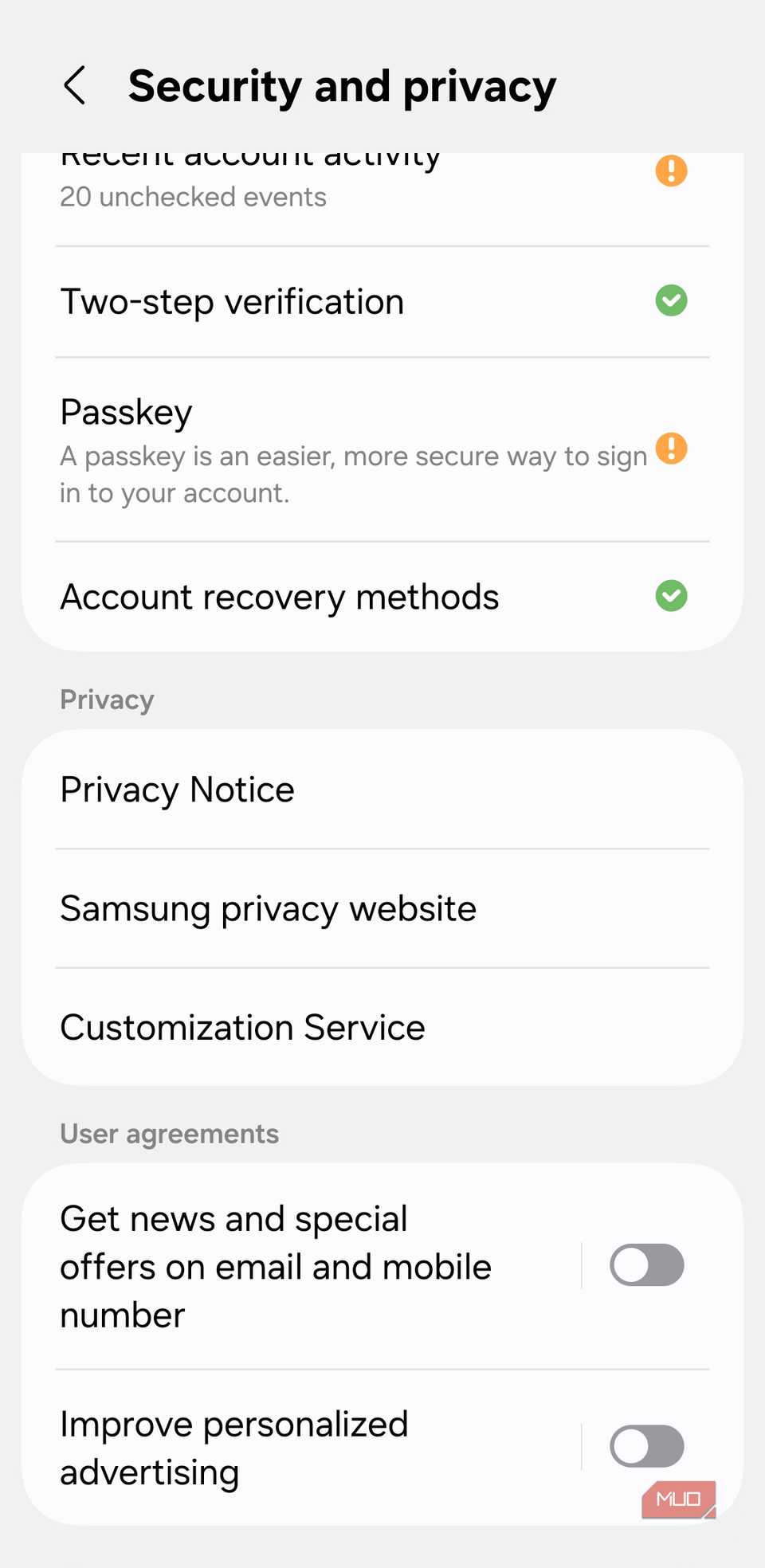 Security and privacy menu in Samsung accounts