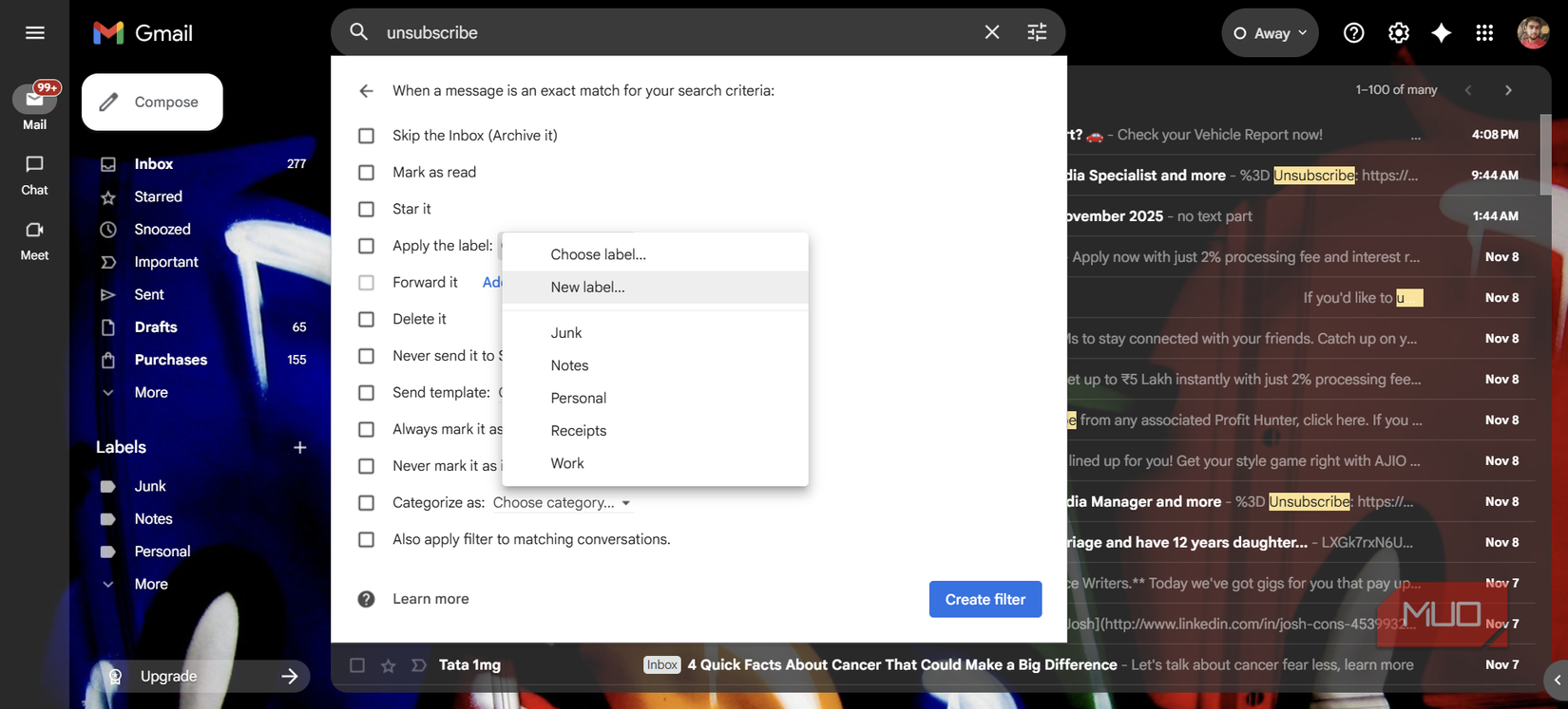 Selecting a label while setting up a Gmail filter