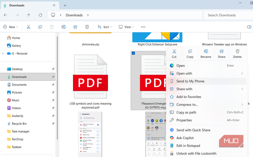 Send file to phone option in context menu