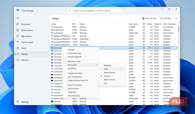 Set priority option in Task Manager