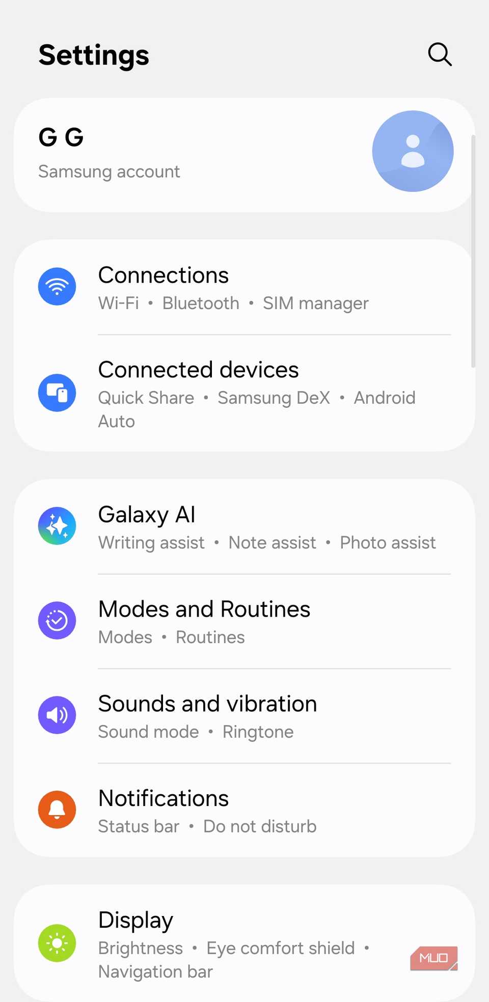 Settings menu on Galaxy phone