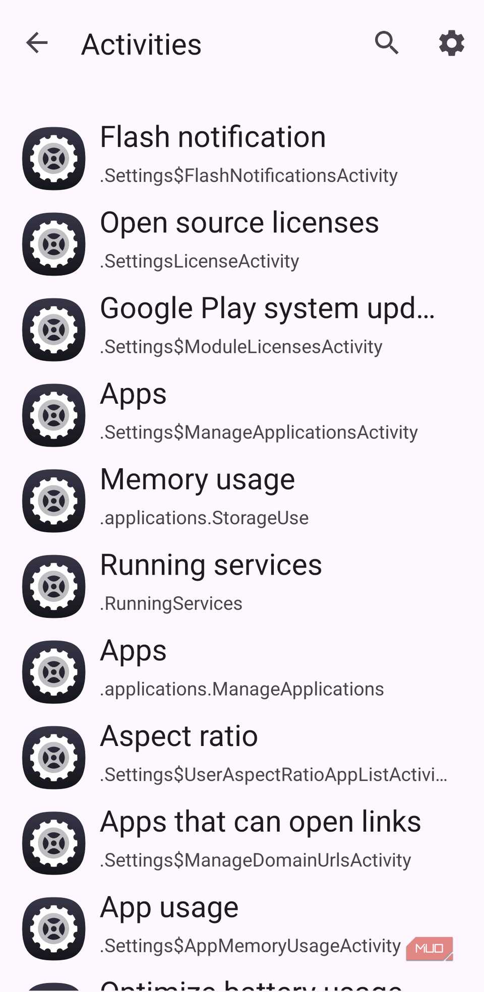 Settings shortcut options in Activity Launcher