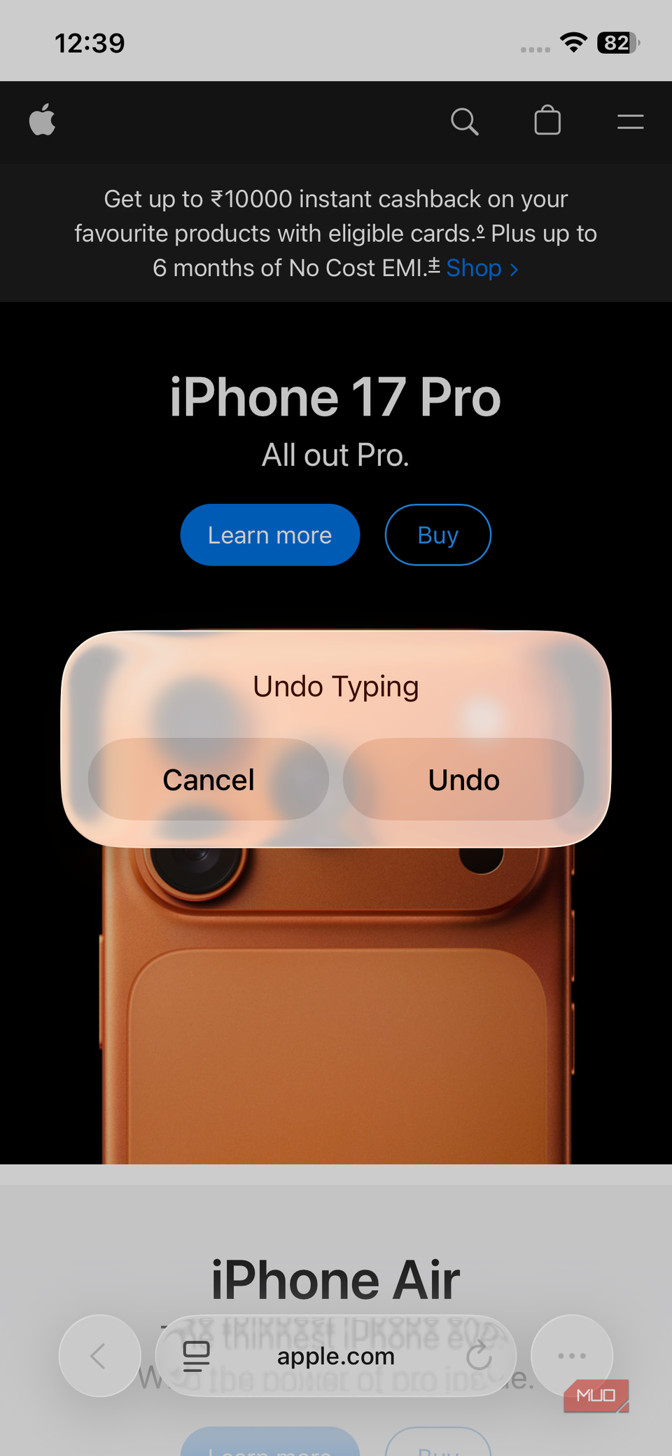 Shake to undo typing on iPhone