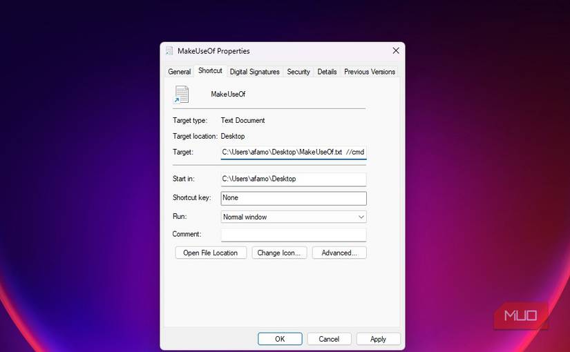 Shortcut created for a text file