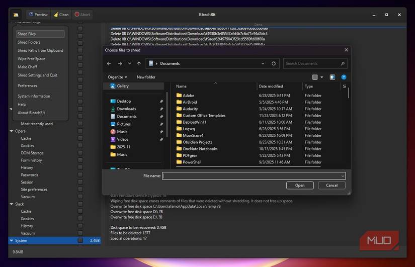 Shredding files with BleachBit