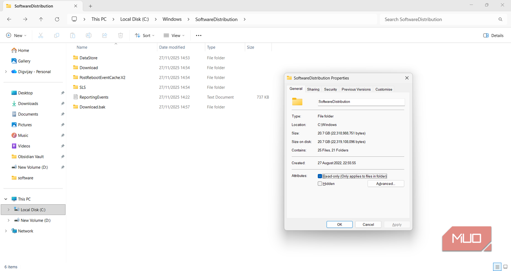 SoftwareDistribution properties window showing folder size
