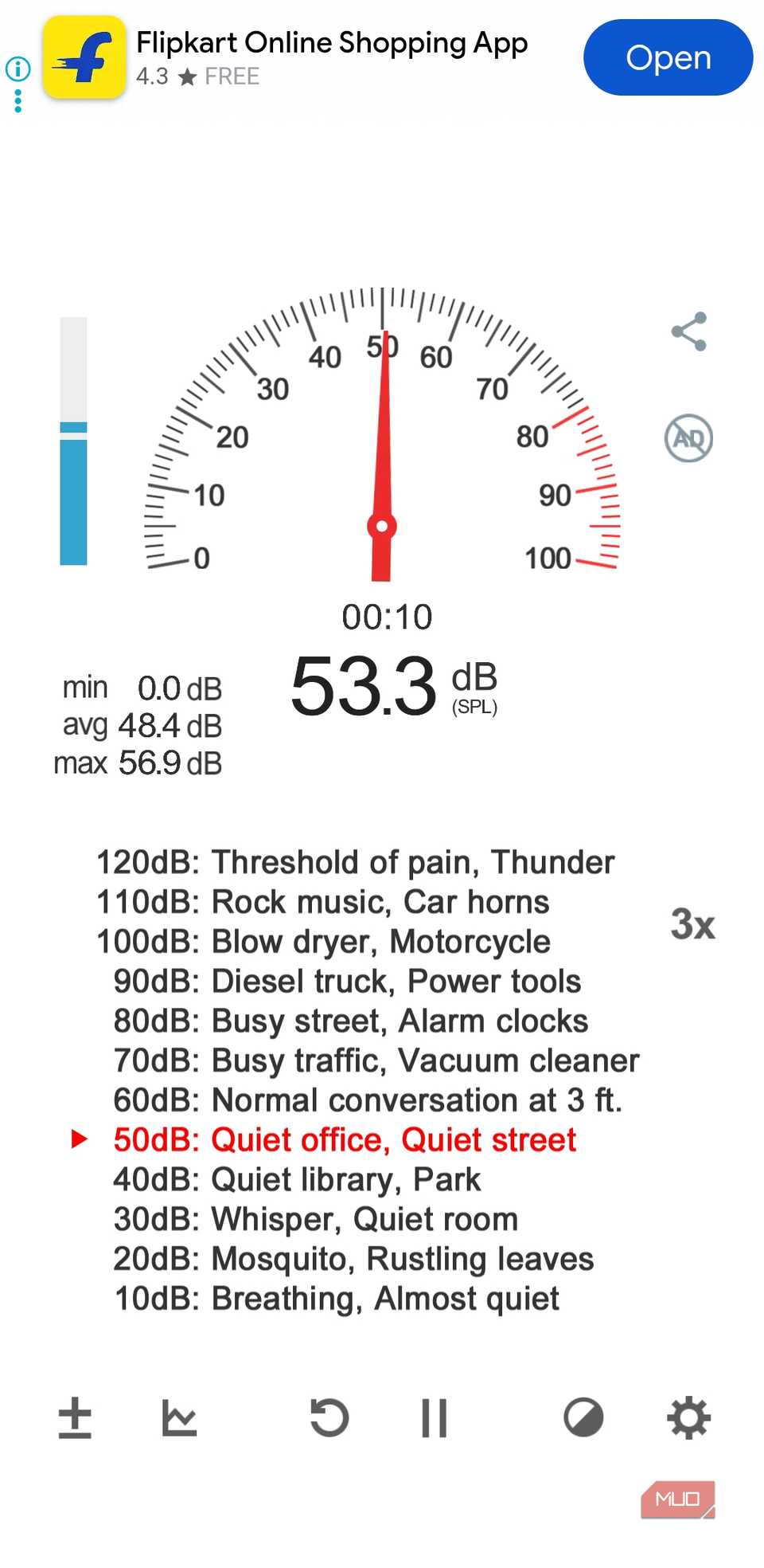 Sound Meter app readings screen