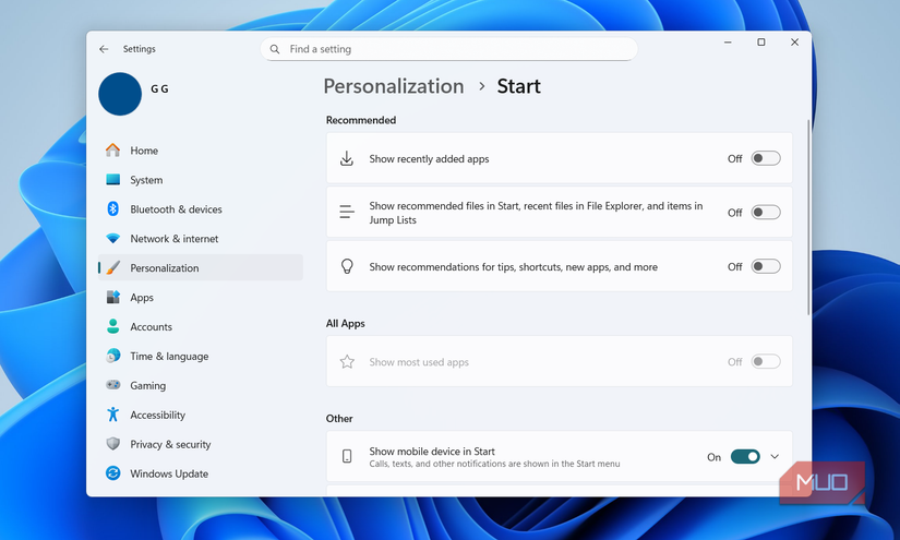 Start menu customization settings in Windows 11