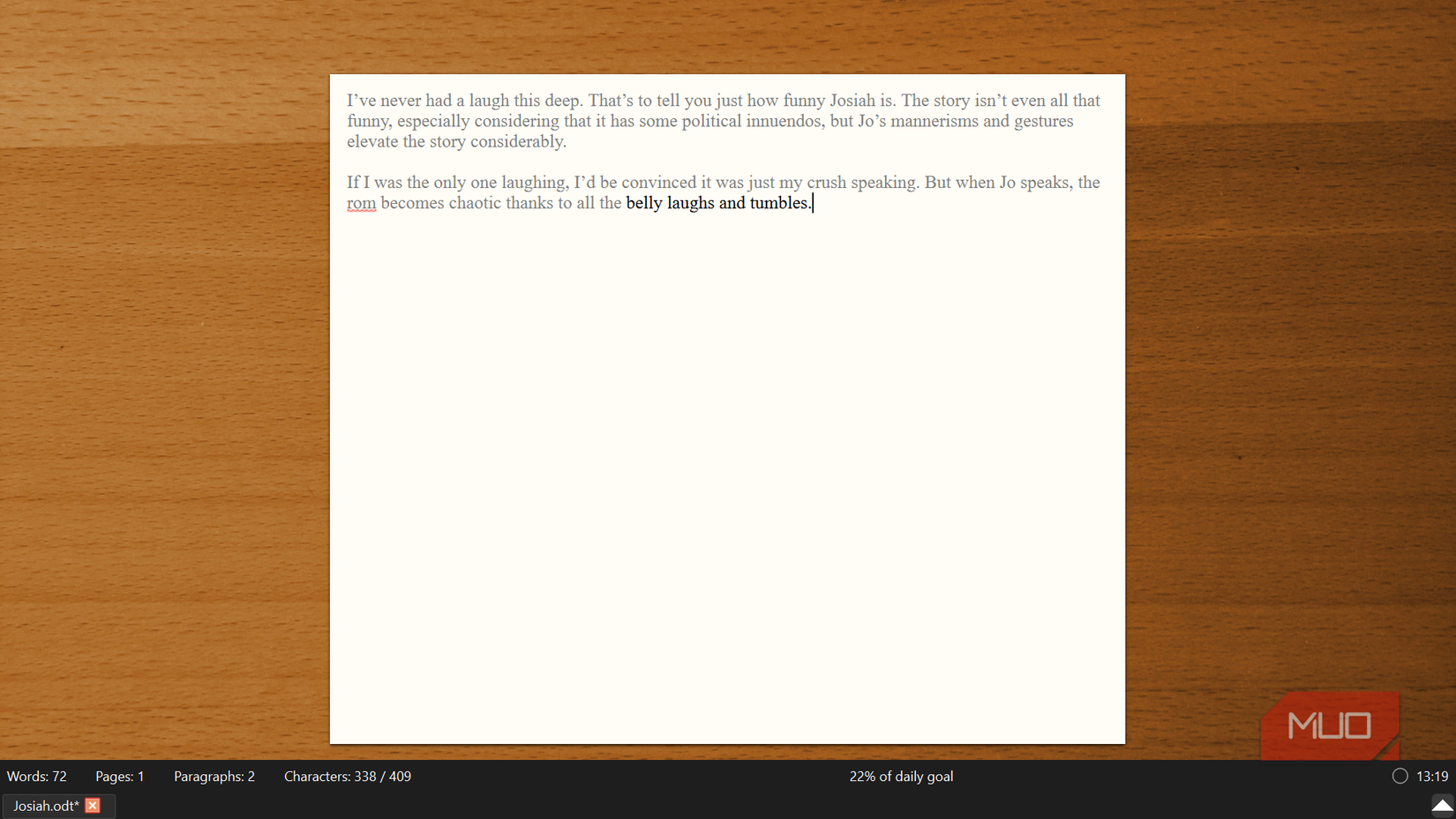 Statistics displayed at the bottom of the FocusWriter app for a piece of writing.