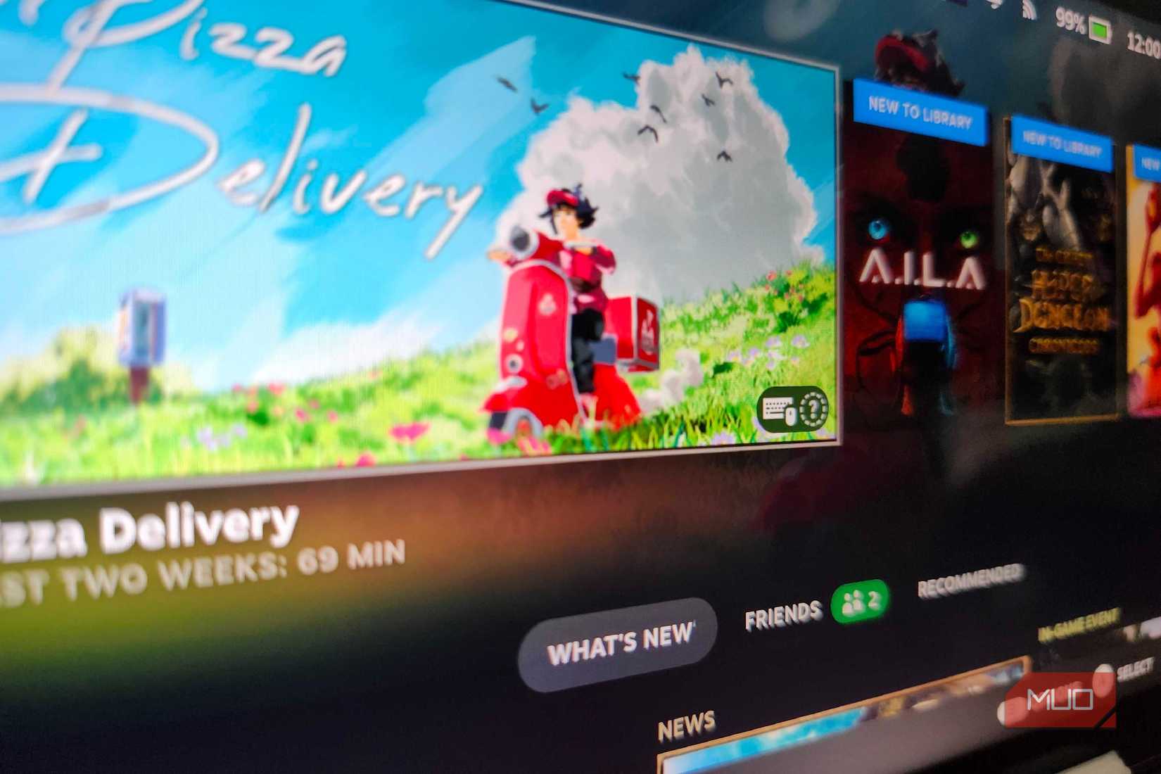 A tile from Steam OS, showing the game 'A Pizza Delivery', in Steam Big Picture mode on the ROG Ally X