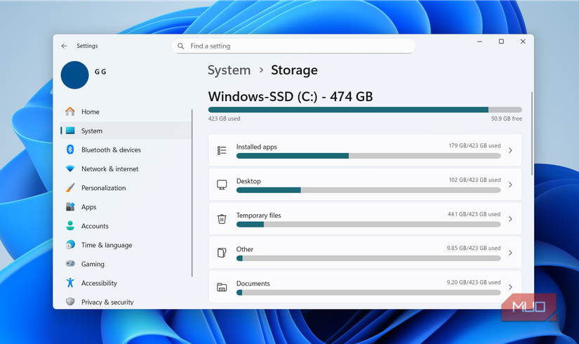 Storage menu in Windows 11