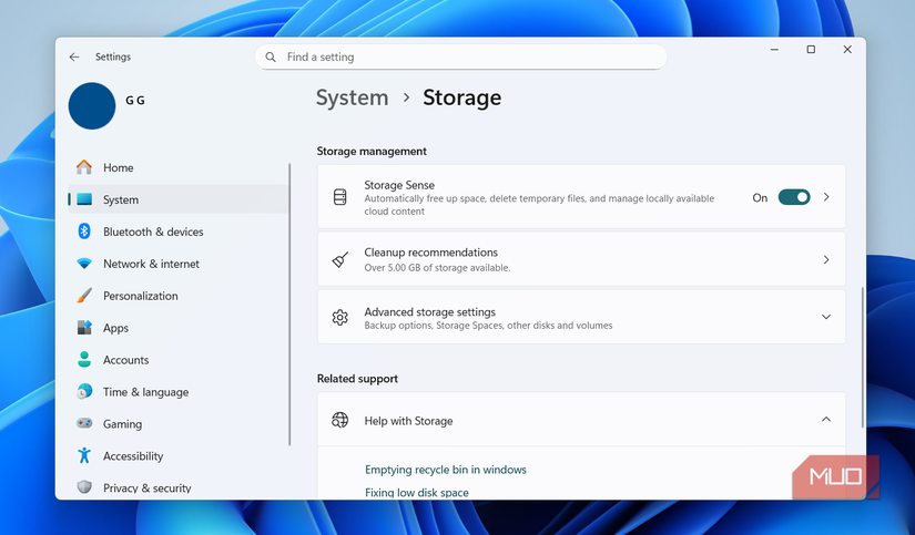 Storage Sense menu in Windows 11