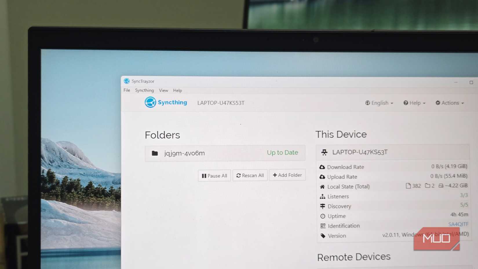 SyncThing app open on a Windows laptop