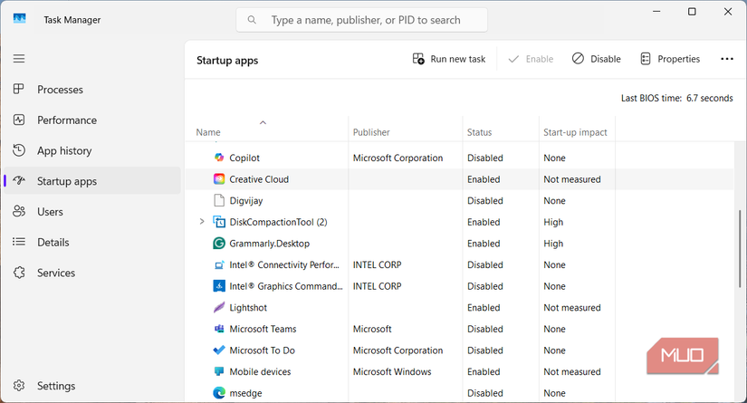 Task Manager showing startup apps list