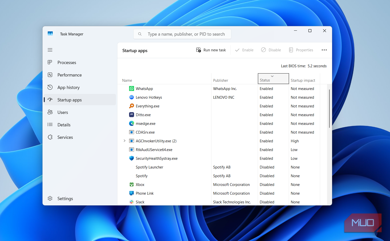 Task manager startup apps tab showing bios time