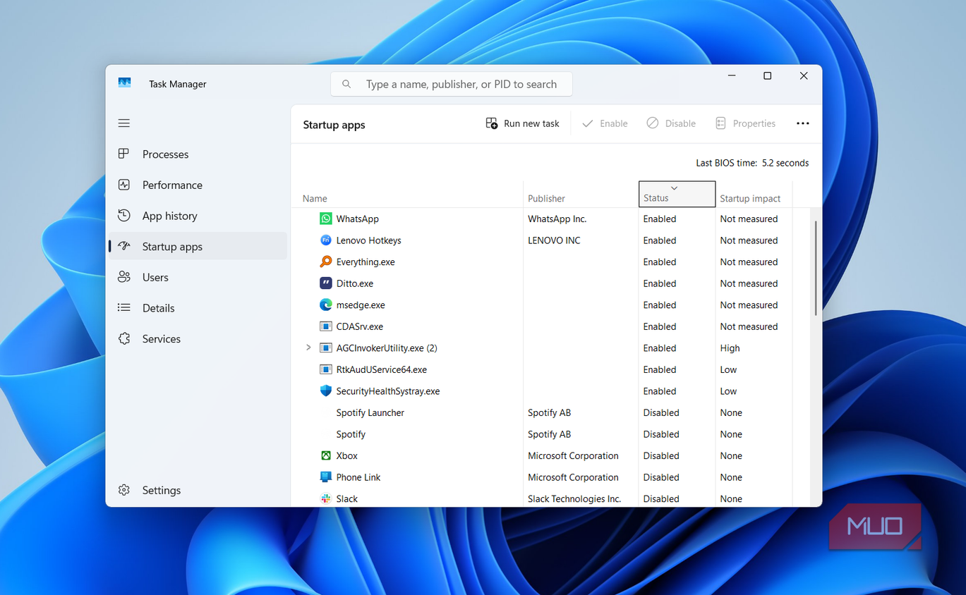 Task manager startup apps tab showing bios time