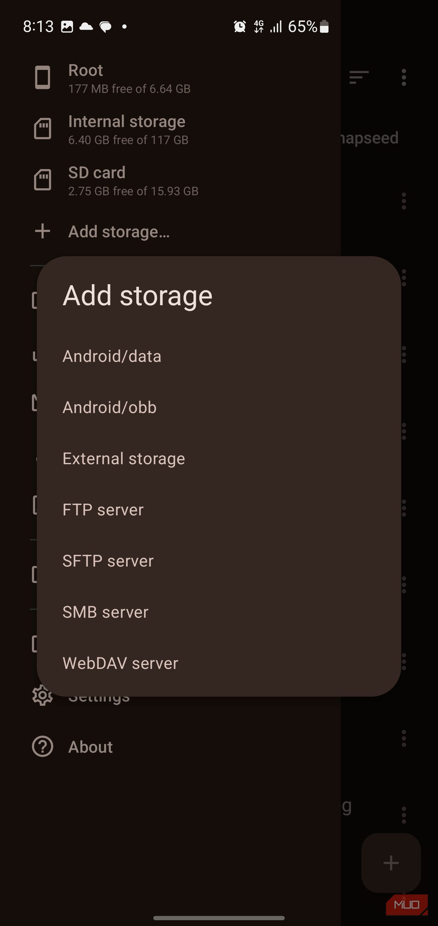The Add storage popup menu in Material Files.