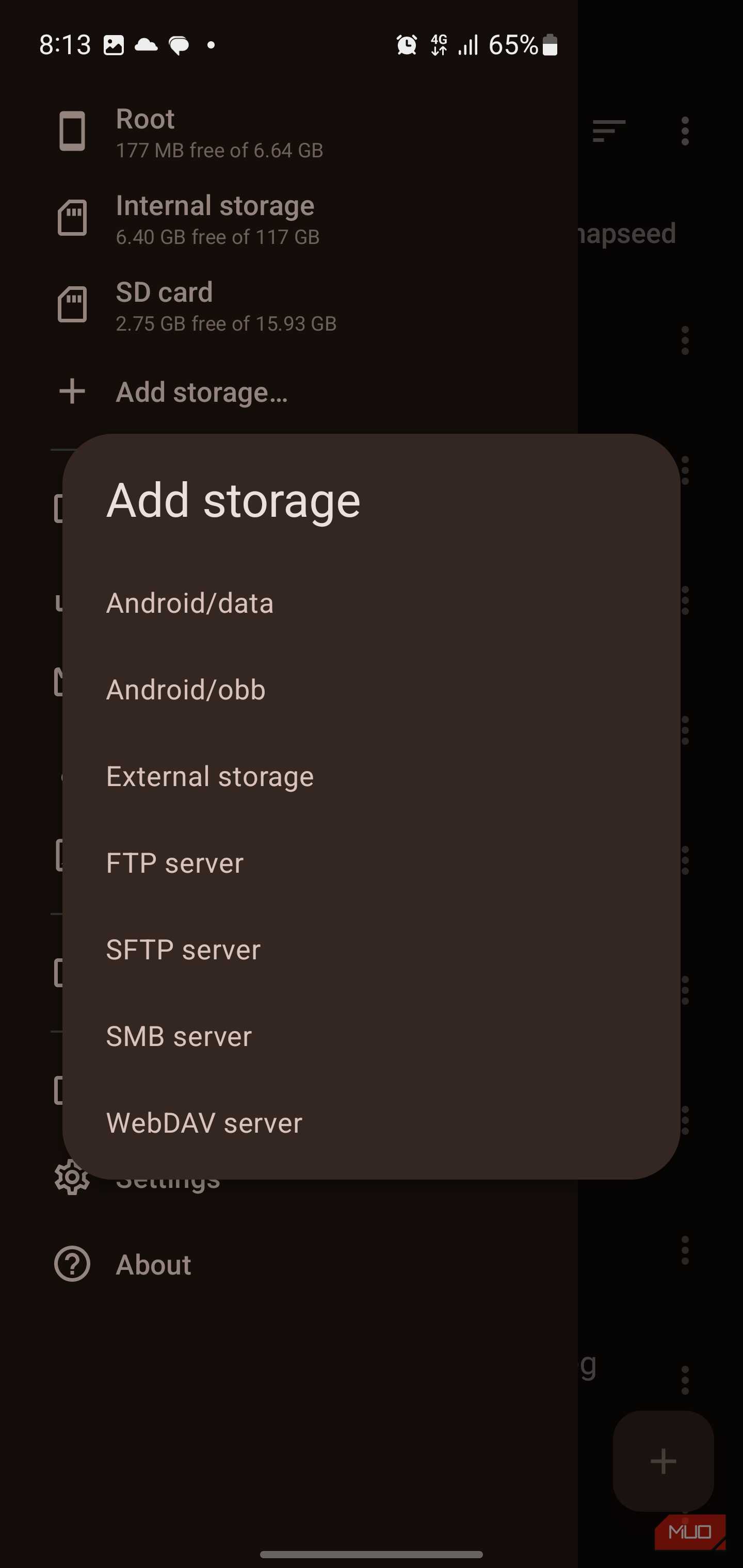 The Add storage popup menu in Material Files.