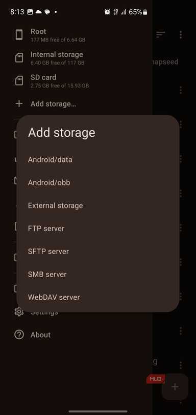The Add storage popup menu in Material Files.