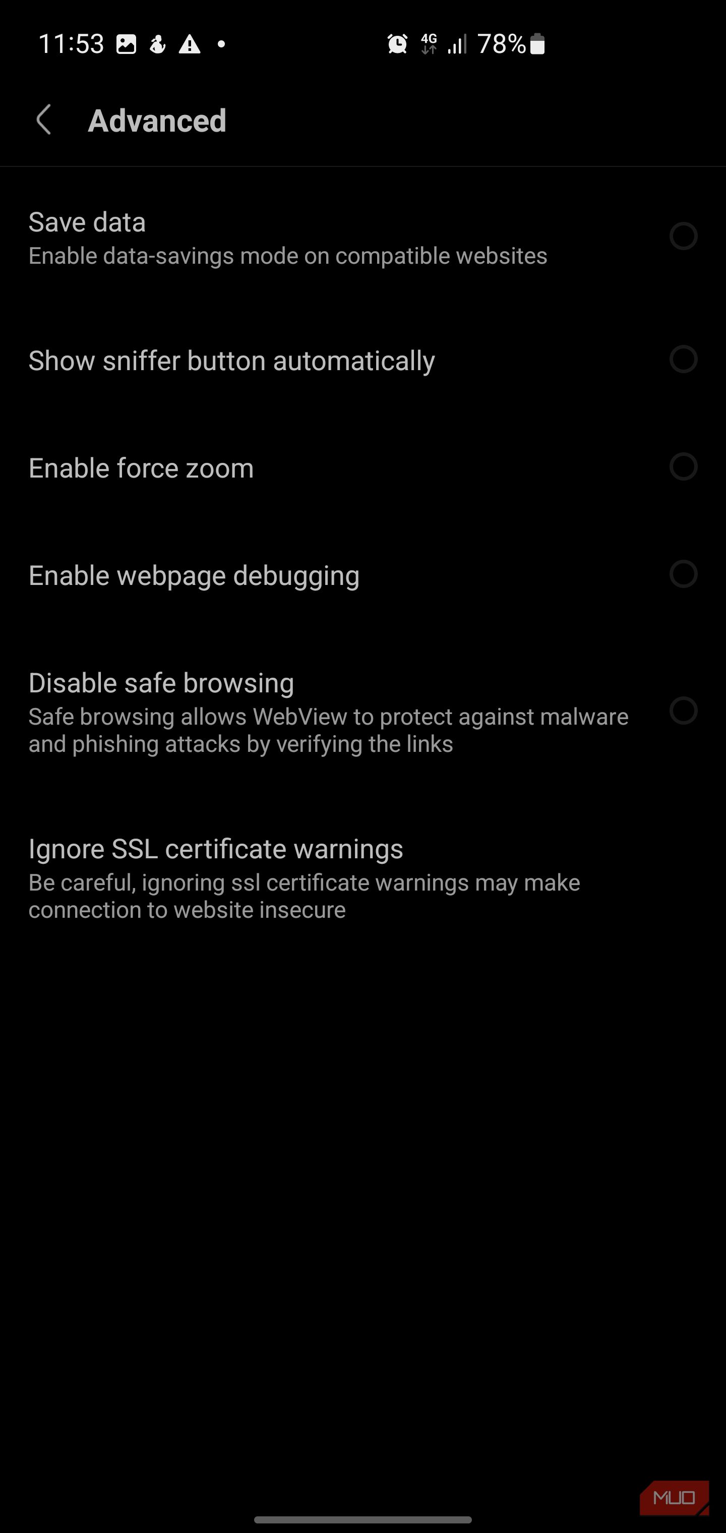The Advanced settings menu in the Via browser.
