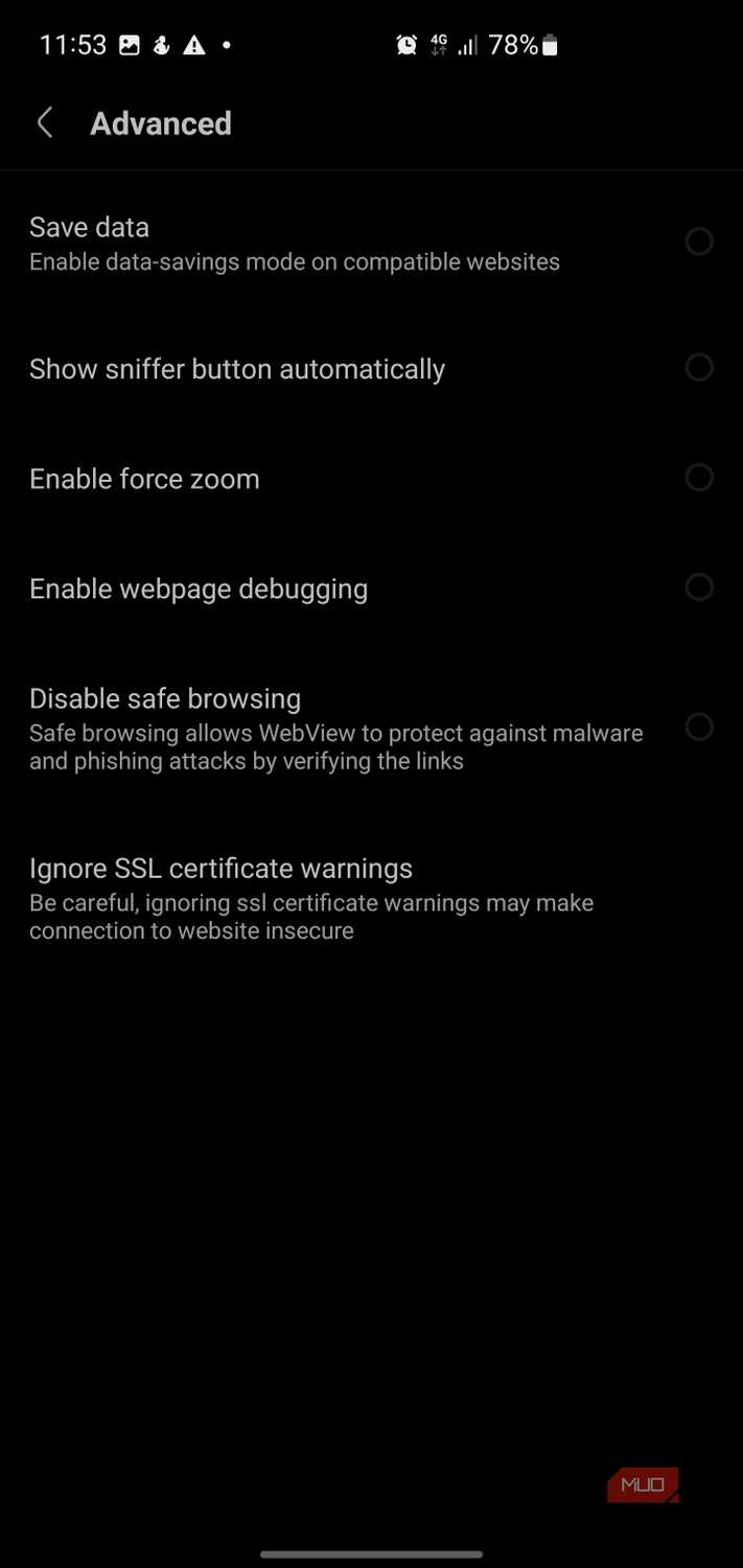 The Advanced settings menu in the Via browser.